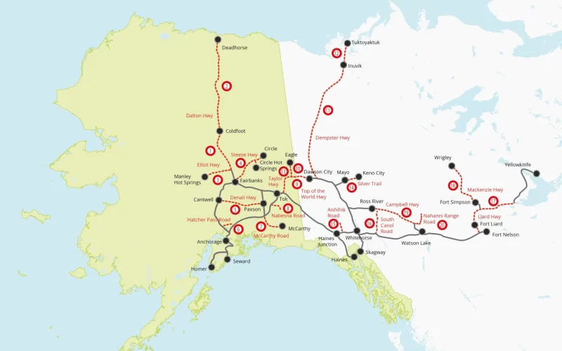 Caribou Auto Rentals gravel and dirt road policy detailing authorized routes, vehicle requirements, surcharges, and prohibited roads in Alaska.
